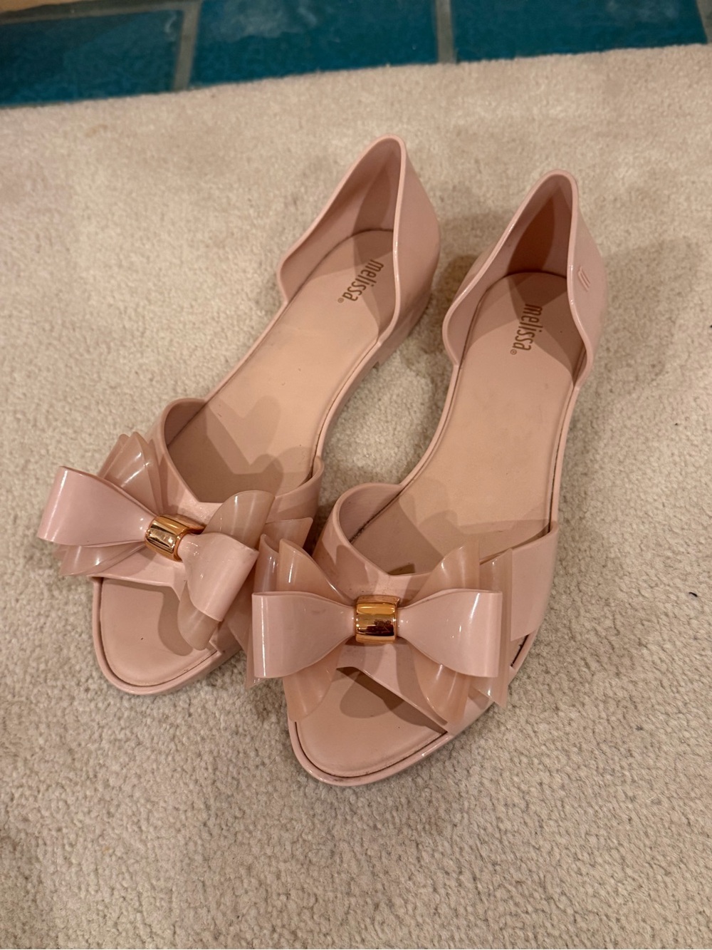 Melissa Seduction V Blush Pink D'Orsay Flats with Bow and Gold Accent Women’s 8
